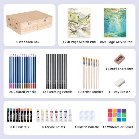 TMOL 85 Piece Deluxe Wooden Art Supplies, Art Kit with Easel, Sketching Pencils, Artist Brushes and Acrylic Pad, Art Set for Teens, Adults and Artist Beginners, Creative Gift with Wooden Case in Kuwait