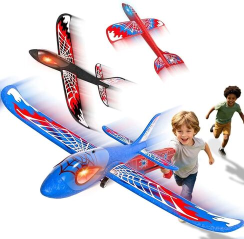 Doloowee Foam Airplane Launcher Toys for Kids 4-8, Outdoor Sport Flying Toys, 3 Pack 12.6" Foam Glider LED Plane, 1 Catapult with 3 Foam Planes, Gifts for 3 4 5 6 7 8 9 10 12 Year Old Boys Girls in Kuwait