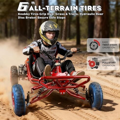 Gas Power Go Kart, 2000W Motor Go Kart for Adults & Kids with Premium Steel Tubular Frame, 3 Speed Off-Road Kart with 8'' Off-Road Tires, Hydraulic/Rear Disc Brake, Up to 30MPH (Red, Gas) in Kuwait