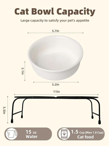 GDCZ Porcelain Raised Cat or Small Dog Bowls with Heighten Metal Stand and Non-Slip Bottom for Pet Food and Water Dishes, 15 Ounces (Black) in Saudi Arabia