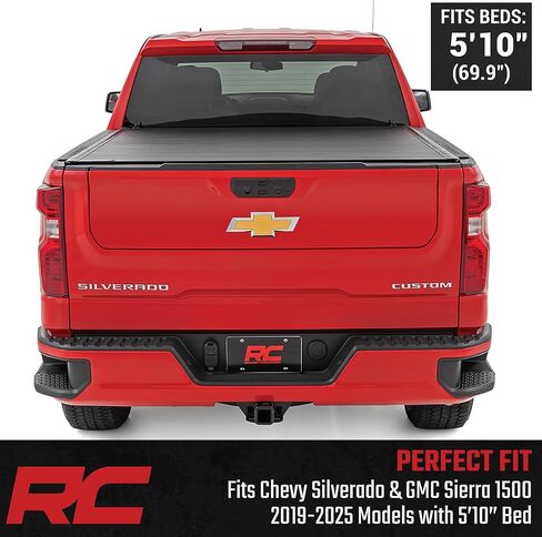غطاء تونيو صلب قابل للطي لسيارة Rough Country لسيارة Chevy Silverado وGMC Sierra 1500 (2019-2026) - شريحة ألومنيوم، تركيب بدون مثقاب، يناسب سرير قصير بطول 5'10 in Kuwait