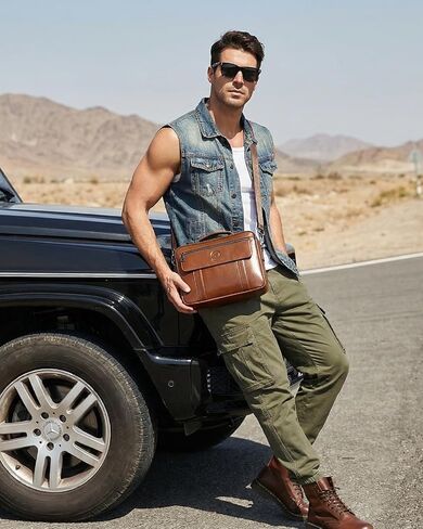 Men's Leather Crossbody Bag - Casual Messenger Shoulder Bag for Commuting, Large Capacity Laptop Briefcase with Multi-Pockets for Office in Kuwait