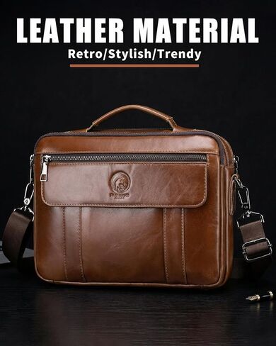 Men's Leather Crossbody Bag - Casual Messenger Shoulder Bag for Commuting, Large Capacity Laptop Briefcase with Multi-Pockets for Office in Kuwait