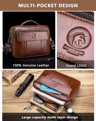 Men's Leather Crossbody Bag - Casual Messenger Shoulder Bag for Commuting, Large Capacity Laptop Briefcase with Multi-Pockets for Office in Kuwait