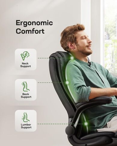 Marsail Executive Office Chair Ergonomic Desk Chair with Flip-up Armrests PU Leather Height-Adjustable Swivel Rolling Dark in Saudi Arabia