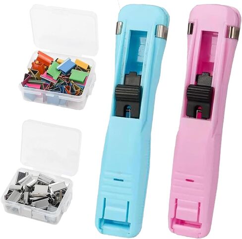 Portable Binder Clip Stapler, 100 Reusable Clips, Handheld Paper Clam Clip Dispenser for Desktop Document Home School Desk Office (Blue + Pink) in Kuwait