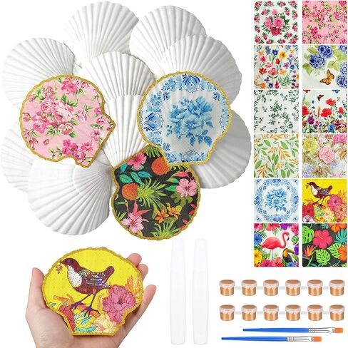 20 Sets Scallop Shells for Crafts 4''-5'' Natural White Sea Shells with Decoupage Paper Napkins Paint Strips Glue Sticks Brushes for DIY Crafts Ornament Jewelry Tray Seashell Beach Decor in Kuwait