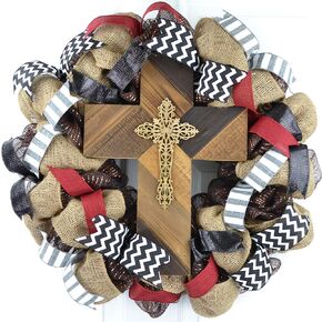 Christmas Gifts for Grandma | Rustic Cross Mesh Everyday Front Door Wreath; Black Grey Burgundy
