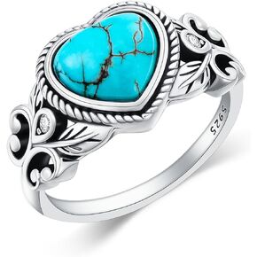 8x9MM Genuine Turquoise Stone Heart Rings, Sterling Silver Nature Native American Western Jewelry Gemstone Ring for Women