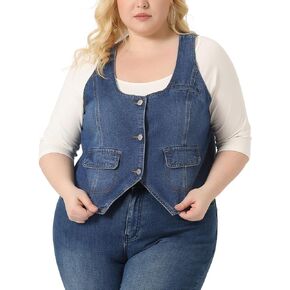 Agnes Orinda Plus Size Denim Jackets for Women Sleeveless Lightweight Button Jean Crop Waistcoat Vests