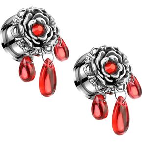 316L Stainless Steel Flower with Red Gem Center and Dangling Beads Screw Fit Plugs, Sold as a Pair