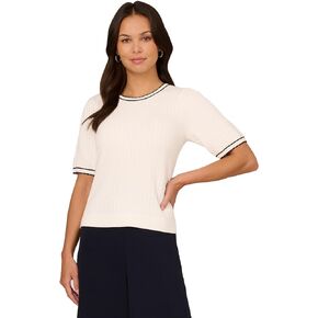 Adrianna Papell Women's Crew Neck Cable Scalloped Edge Tipped Short Sleeve Sweater