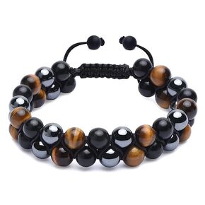 Triple Protection Bracelet, Authentic Tigers Eye, Black Obsidian, and Hematite 8mm Beads Double Layer Bracelet for Men and Women | Crystal Healing Bracelet for Emotional Balance and Prosperity