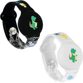 SAVITA 2pcs Kids Wristband for AirTag, Dinosaur Cartoon Pattern Bracelet for Waterproof Toddler Elder Adjustable Watch Band Kids Anti Lost for AirTag Case Holder for Hiding GPS Tracker (Black, White)