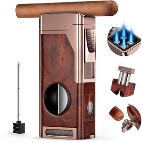 Torch Lighter Cigar, Multifunctional Lighter with V-Cigar Cutter, Cigar Holder, Cigar Punch and Cigar Draw Enhancer, Refillable Butane Torch Lighter, Multi-Purpose Cigar Accessory, Cigar Lighters For Men
