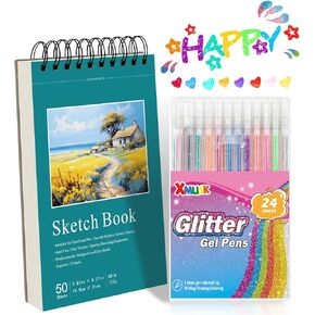 Glitter Gel Pen Gift Set with 18 Colors Glitter Gel Pen A5 Sketch Book Gift Set 50 Sheets 120gsm Spiral Art Sketchbook Drawing Pad for Painting Writing (XGP-18)