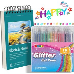 Glitter Gel Pen Gift Set with 18 Colors Glitter Gel Pen A5 Sketch Book Gift Set 50 Sheets 120gsm Spiral Art Sketchbook Drawing Pad for Painting Writing (XGP-18)