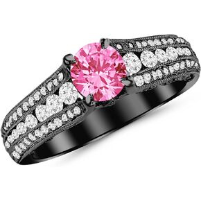 1.45 Carat 14K Black Gold Gorgeous Channel And Pave Set Graduating Round Designer Diamond Engagement Ring with a 0.75 Carat Natural Pink Sapphire Center (Heirloom Quality)