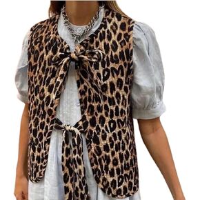 Leopard Print Tie Front Tops for Women Y2k Vest Top Waistcoat Cheetah Print Bow Top Fashion Casual Vests