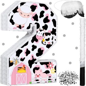 Jexine Cow Number 2 Pinata Pink Cow Farm 2rd Pinata Birthday Party Supplies 16 Inch Fiesta Pinata with Stick Blindfold and Confetti for Baby Shower Birthday Decoration