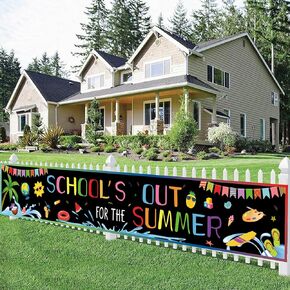 School's Out for The Summer Supplies Decorations Banner - 118" x 19" End of School Year Theme Backdrop for Kids Boy Girl Class Tropical Beach Pool Splash Bash Birthday Party Background
