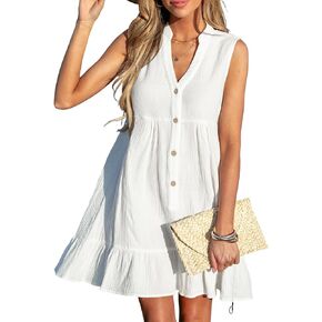 CUPSHE Women's Bathing Suit Cover Ups 100% Cotton Ruffle Hem Beach Dresses Buttoned V Neck Coverup Sleeveless 2024