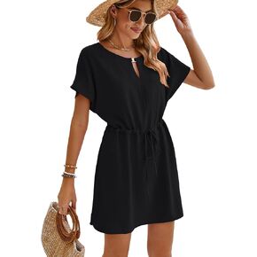 Bluetime Women Casual Summer Swimsuit Coverup Bikini Beachwear Coverups Flowy Short Sleeve Mini Beach Dress