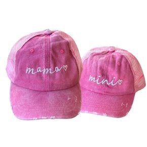 Mama and Mini Hats For Women, Cute Mother Daughter Hats, Mom And Daughter Matching Hats, Mommy and Me Hats, Set of 2 Matching Toddler Girl And Mommy Hats Ponytail Messy Bun Mesh in PINK