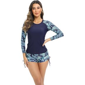 Women's Long Sleeves Rash Guard Athletic Swim Aztec Tankini Sets Swimsuit