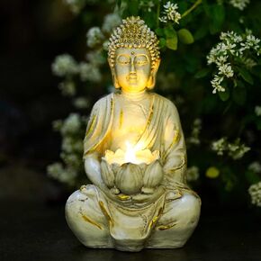 Goodeco Meditating Buddha Statue Figurine Sitting Sculpture Decoration 8" Tealight Holder/Candle Holder for Home, Garden, Patio with a LED Tea Light, Polyresin (2 Pack)