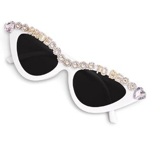 xo, Fetti Bachelorette Party Bride To Be Sunglasses | White Cat Eye Bedazzled Bach Decoration, Bridesmaid Sunnies Favor, Bride to Be Gift + Bridal Shower Supplies