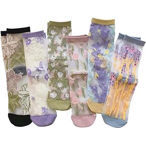 7 Pairs Women Floral Sheer Sock Elastic See Through Socks Summer Thin Mesh Lace Jacquard Socks Cottagecore Accessories
