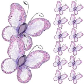 BESPORTBLE Organza Butterflies, Purple Glitter Lace Butterfly Decoration Transparent Mesh Wire Glitter Butterfly Ornament for Home Party Wedding Decoration 50 Pcs(Purple)
