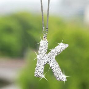 Bling Car Rear View Mirror Letter Pendant, Crystal Car Rear View Mirror Charms Letter K Car Accessories,Cute Lucky Hanging Ornament Pendant Car Hanging Accessories for Women. (Silver)