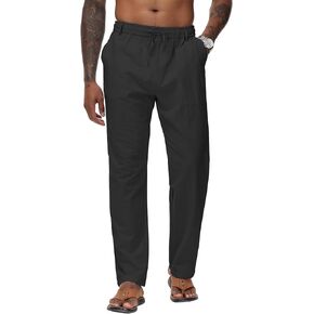 Durio Mens Casual Linen Pants Elastic Waist Lightweight Linen Beach Pants Straight Leg Casual Pants Summer Beach Yoga