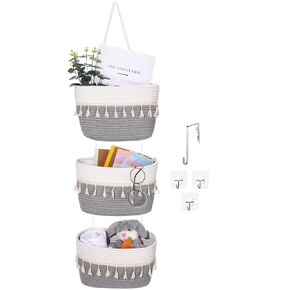 Over The Door Hanging Basket Boho Woven Wall Hanging Baskets 3-Tier Cotton Wall Mounted Storage Organizer Bag Macrame Decorative Hanging Baskets for Kitchen Laundry Room Stairs(White, Green)