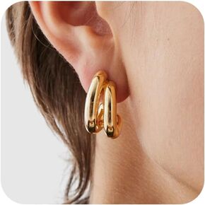 Gold Hoop Earrings for Women - Chunky Gold Earrings 14K Gold Plated Earrings Trendy Chunky Gold Hoops Small Thick Hypoallergenic Earrings for Women Trendy Girls Gold Jewelry Gifts Double Hoop/Twist Rope/Moon in Kuwait