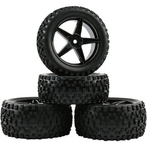 4pcs RC Buggy Tires 12mm Hex Wheels and Tires for 1/10 Scale Buggy RC Off Road Vehicle Tyres with Locking Nuts Washers and Wrench Spare Parts Replacement, Black