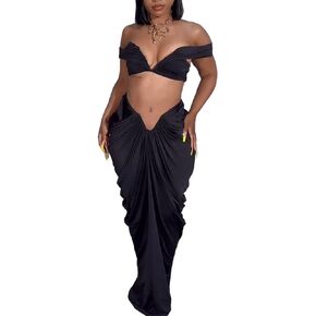 LAJIOJIO Women's Strapless Skirt Outfits Stretch Two Piece Sexy Crop Tops Ruched Maxi Skirts Sets Party Club Suits