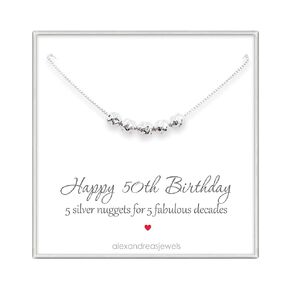 50th Birthday Gift for Women, Sterling Silver 5 Silver Nuggets Necklace, Mom Birthday Gift, Best Friend 50th Birthday Gift Necklace (17 inches plus 2-inch extender)
