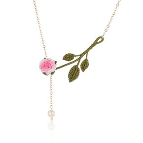 Handmade Crochet Pink Rose Necklace, Knitted Artificial Forever Flowers Pendant Necklace, 14K Solid Gold, Lightweight Jewelry, Perfect Gift for Girlfriend Mom Women