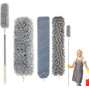 4 PCS Feather Dusters for Cleaning, Bendable Duster with Extension Pole, & Reusable Microfiber Dusters for Cleaning Ceiling Fan, Furniture & Blind Duster
