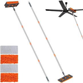 94'' Ceiling Fan Cleaner Duster 2-in-1 Mop with Extension Pole, Cleaning Dusting Tool Set with 360° Rotatable Lockable Head for Floor, Baseboard, Wall, Includes 4 Reusable Pads