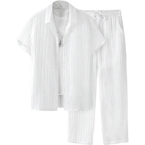 COZYEASE Men's 2 Piece Outfit Short Sleeve Button Down Shirt Loose Pants Set Summer Beach Vacation Outfits