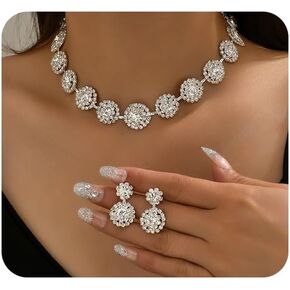 Crystal Bridal Jewelry Set Bride Silver Bridal Necklace Earrings Set Rhinestone Choker Necklace for Women and Girls