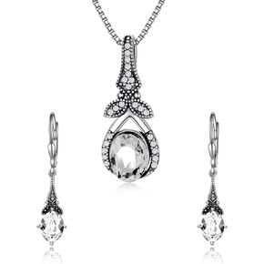 AOBOCO Sterling Silver White Jewelry Necklace and Earrings Set with Simulated April Birthstone Clear White Crystals