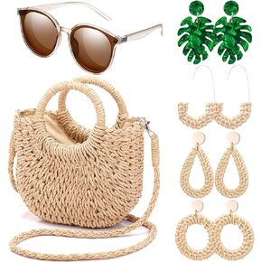 6 Pcs Women Straw Shoulder Bag Rattan SUMMER Beach Boho Tropical Earrings Sunglasses Kit Rattan Purses for Girls