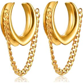 Casvort 2 PCS Hypoallergenic 0G-1" Comfy Chain Saddle Plugs Hangers 316 Surgical Stainless Steel Fashionable Ear Gauges Body Piercing Jewelry