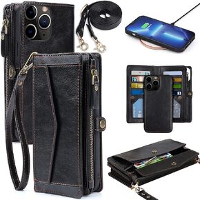 for iPhone 14 Pro Max Wallet Case for Women, Support Wireless Charging with RFID Blocking Card Holder, Leather Zipper 2 in 1 Detachable Magnetic Phone Case with Crossbody Strap Wristlet, Black in Kuwait