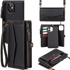 for iPhone 11 Wallet Case for Women, Support Wireless Charging with RFID Blocking Card Holder, Leather Zipper Detachable Magnetic Phone Case with Crossbody Strap Lanyard, Black